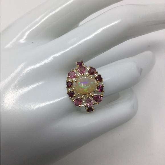 Genuine , Natural Fiery Opal & Pink Tourmalines Ring - Picture 14 of 14